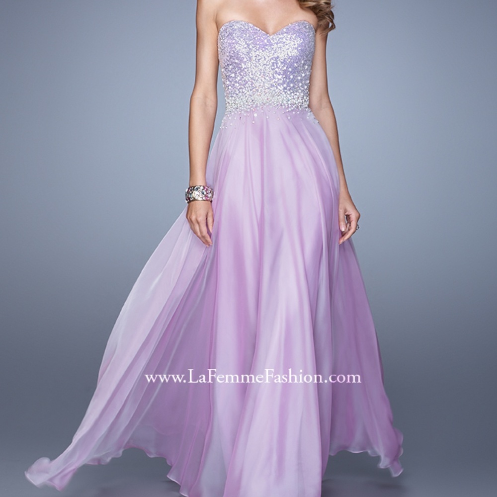 La Femme Lavender Strapless Beaded Prom Gown